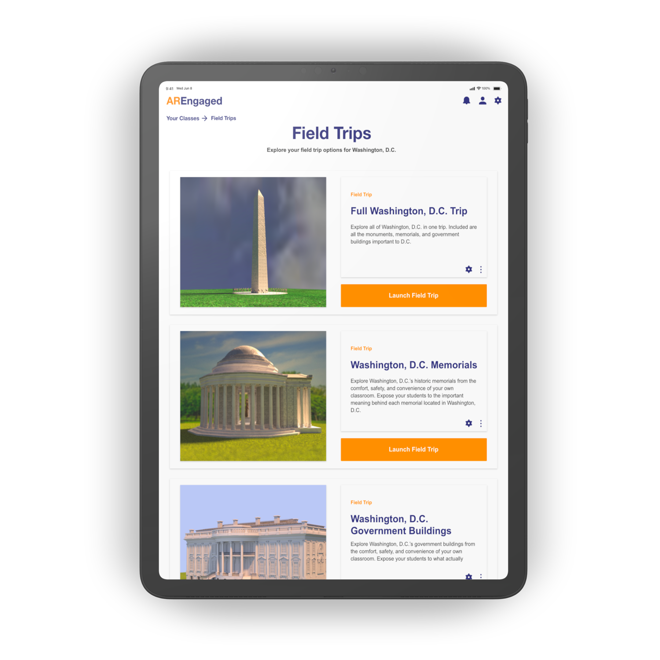 AREngaged virtual field trip selection screen, virtual augmented reality Washington D.C. field trip