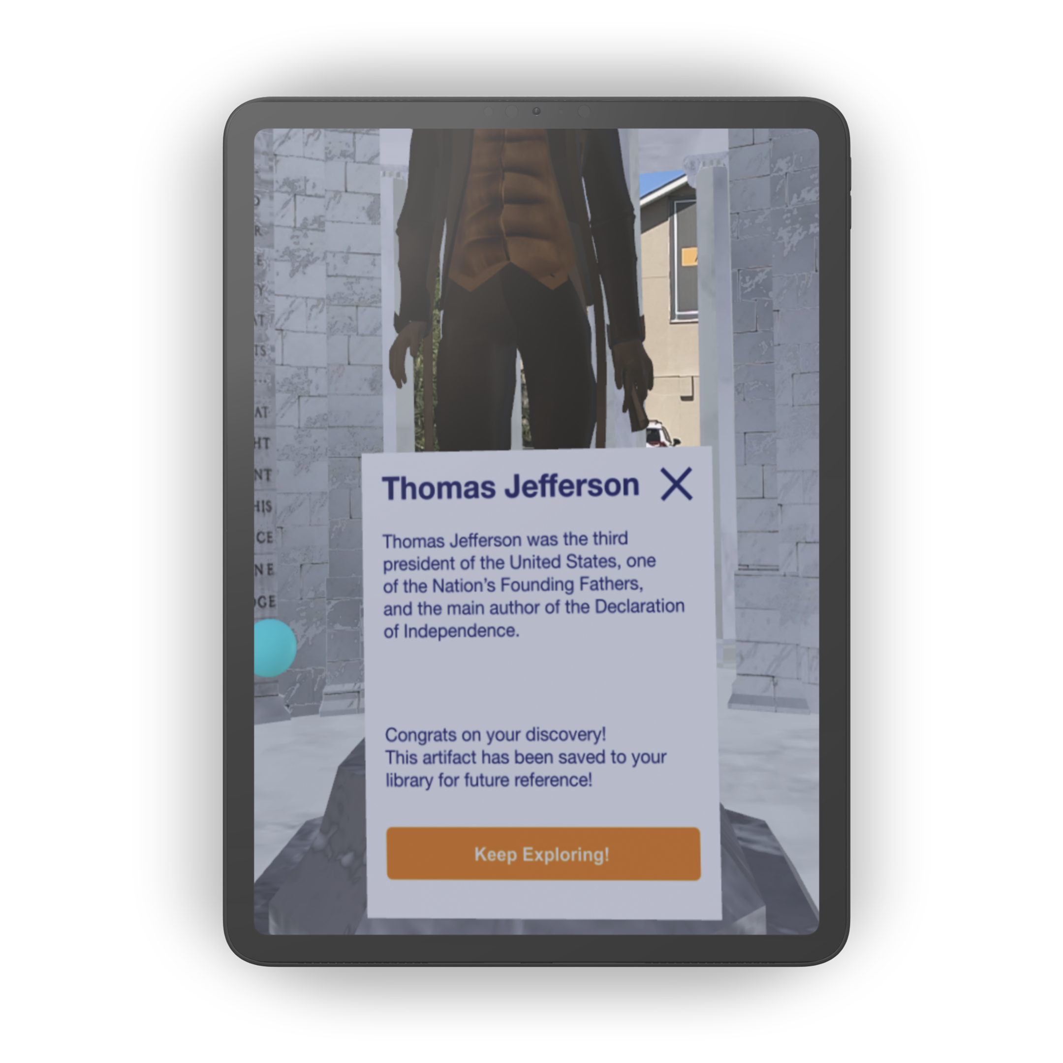 AREngaged virtual Jefferson Memorial in use with info card, virtual augmented reality Washington D.C. field trip